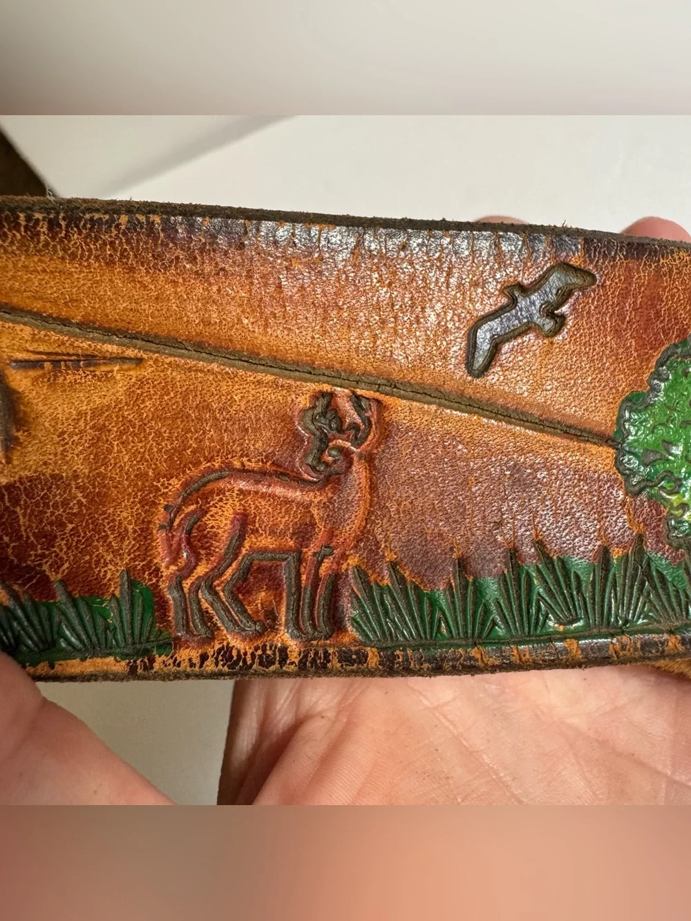 Vintage Hand Tooled Painted Western Leather Belt Horse Buckle Ranch Southwestern